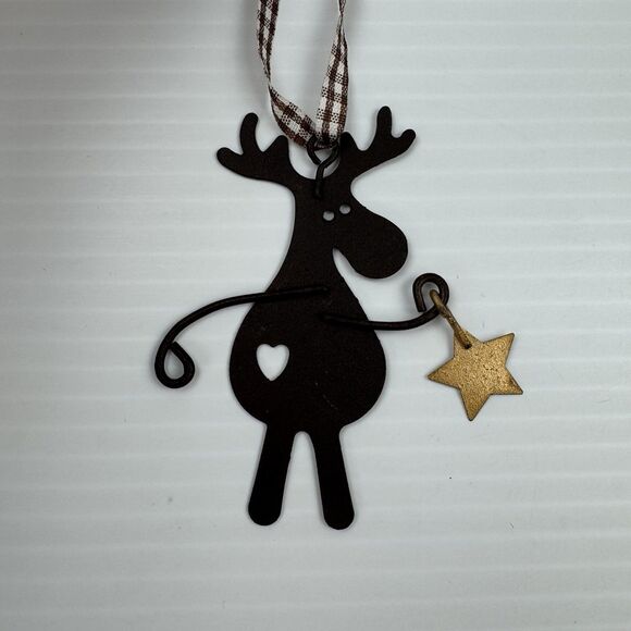 Metal Moose Christmas Ornament Primitive Rustic Brown Holding Star Country Decor - Picture 6 of 6
